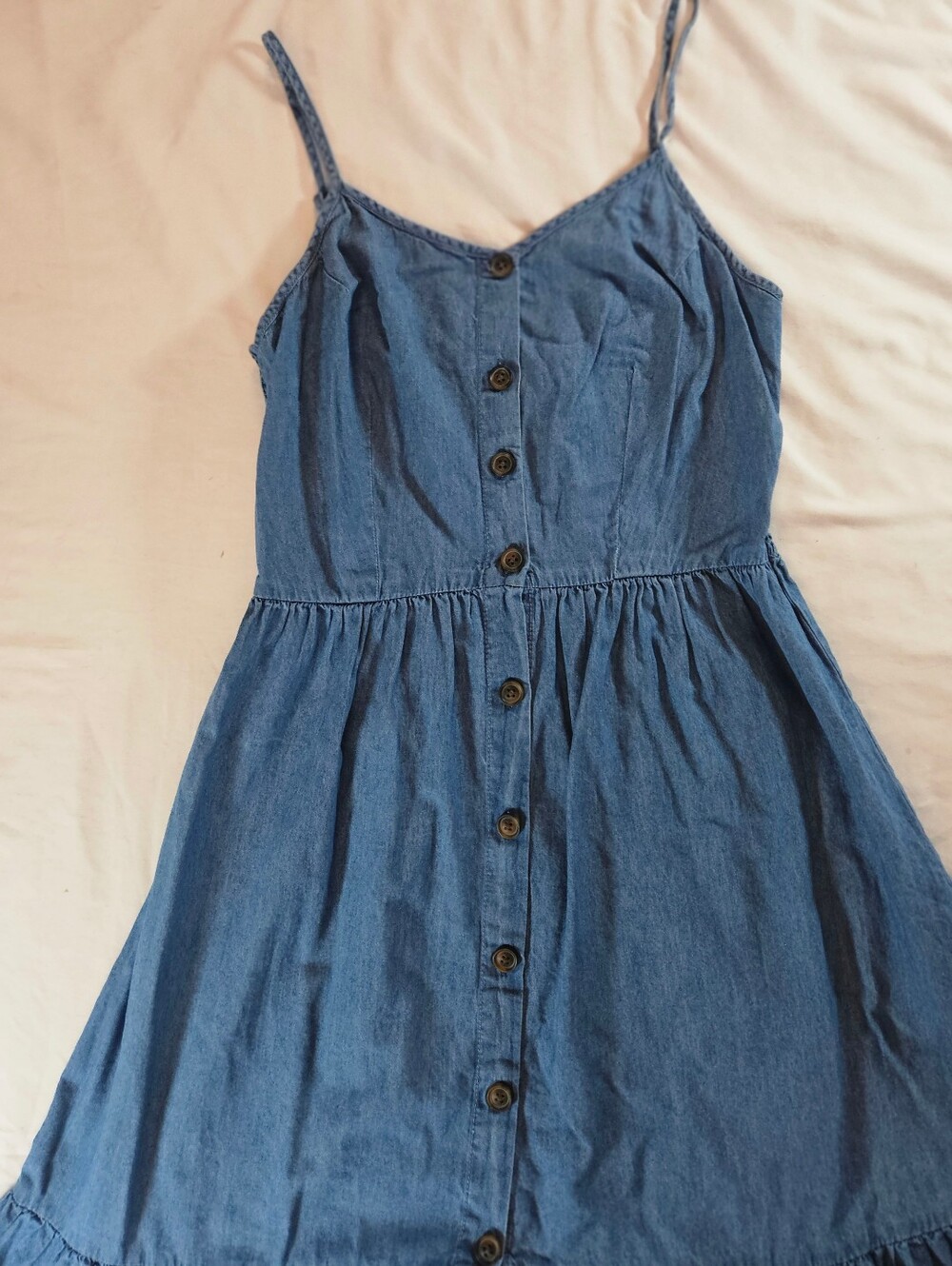 Japna Womens Blue Denim Adjustable Thin Strap Button Front Ruffle Dress Size M - Picture 3 of 14